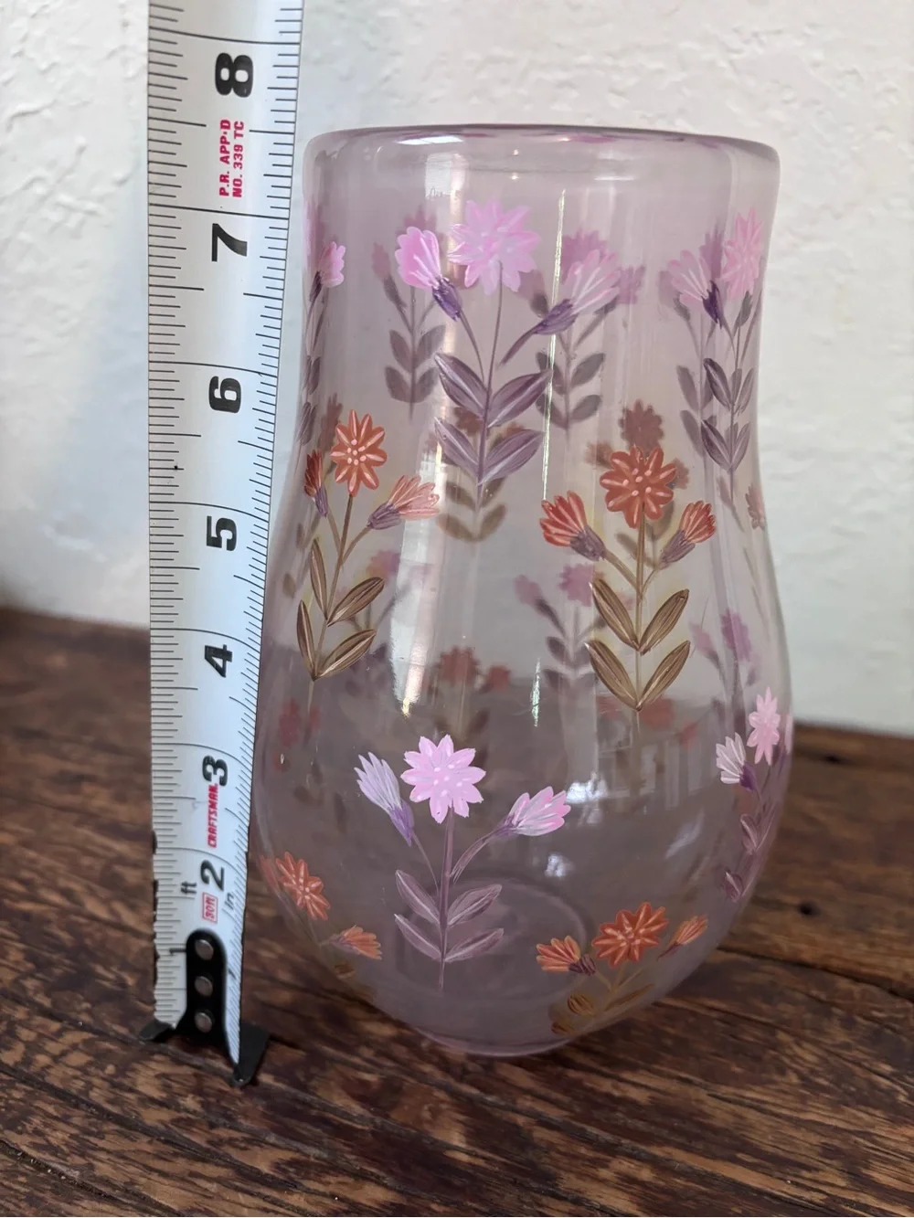 Anthropologie Lavender Glass Vase with Pink and Orange Floral Motif